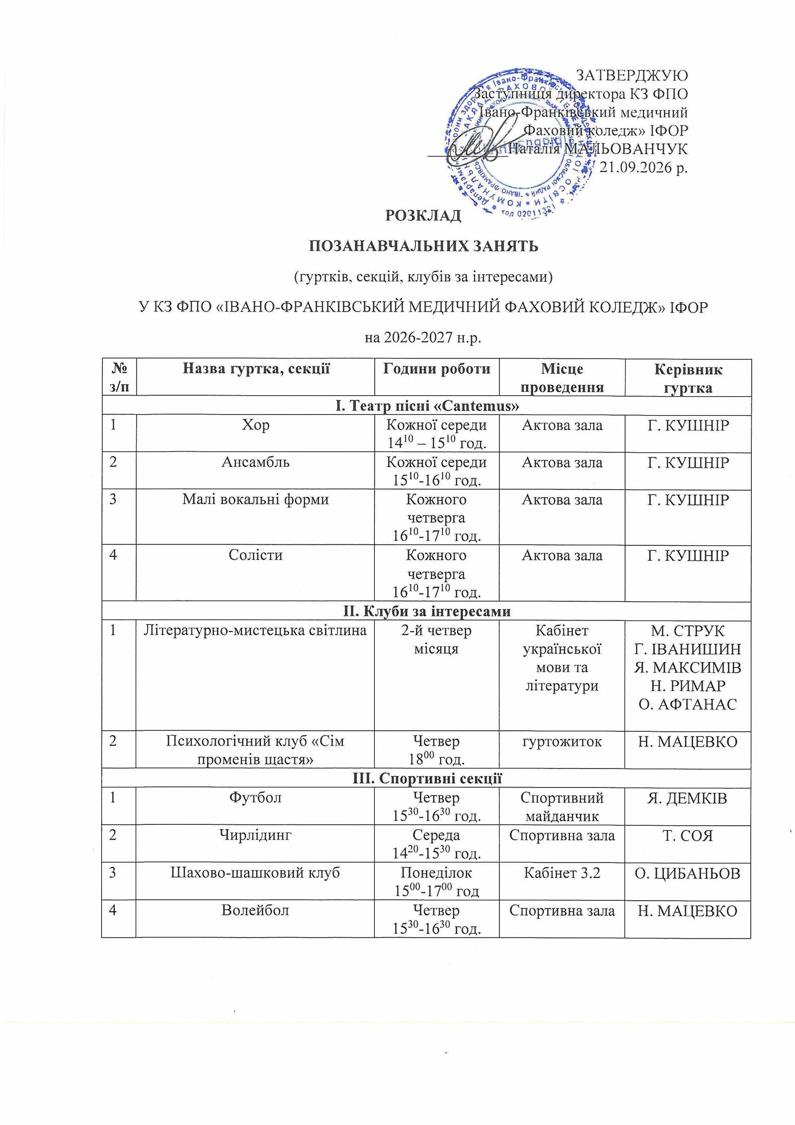 Розклад позааудиторних занять